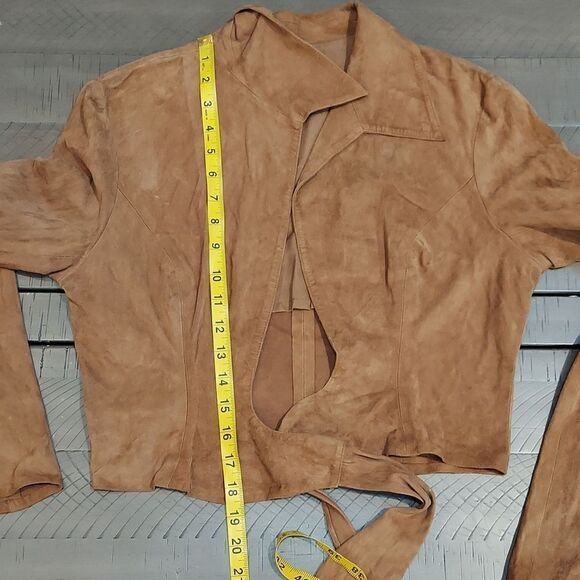 VAKKO NY 90s Y2K Tan Brown Goat Suede Cropped Tie Front Shirt Sz L - Picture 10 of 10